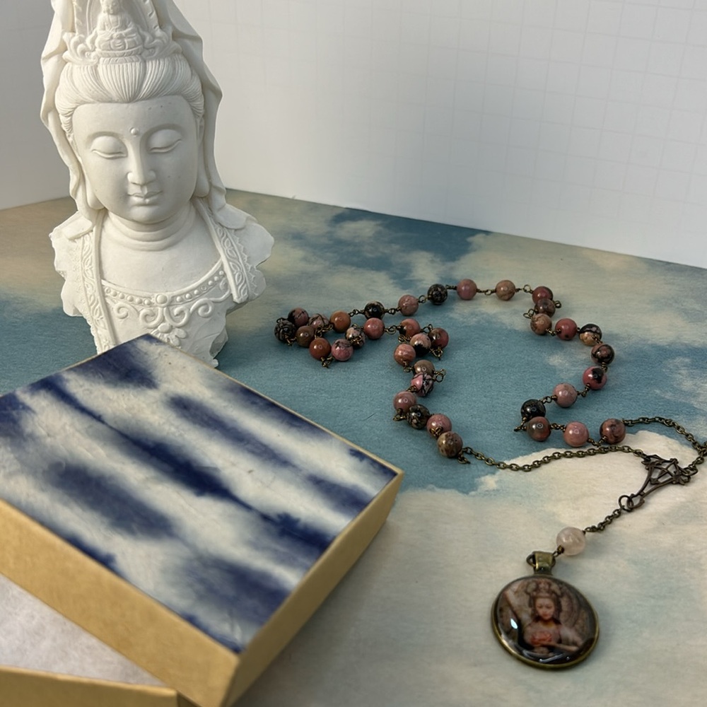 Elegant Rhodochrosite Kuan Yin Pendant Necklace